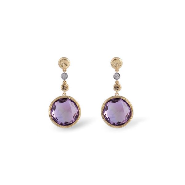 14K Yellow Gold Amethyst drop, Dangle Earrings accented with diamonds. Hudson Valley Goldsmith New Paltz, NY