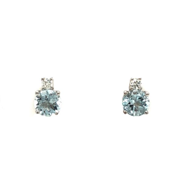 14k white gold stud earrings featuring round aquamarine gemstones and 0.07cttw diamond accents Hudson Valley Goldsmith New Paltz, NY