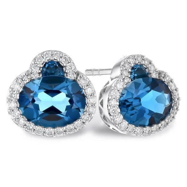 14k white gold post earrings featuring 2.60cttw london blue topaz gemstones and 0.21cttw round brilliant diamonds set in a halo  Hudson Valley Goldsmith New Paltz, NY
