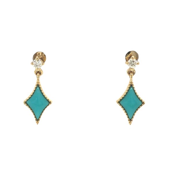 14k yellow gold post earrings featuring 0.05ctw round diamonds and marquise cut cabachon turquoise gemstones Hudson Valley Goldsmith New Paltz, NY