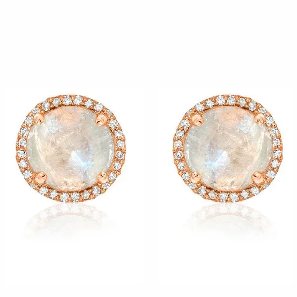 14k rose gold earrings featuring rainbow moonstones in the center with 0.12cttw round brilliant diamonds. post earrings back. Hudson Valley Goldsmith New Paltz, NY