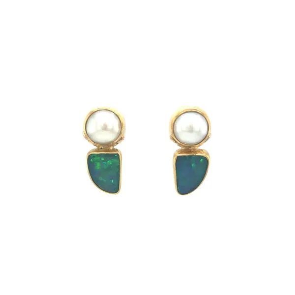 22k/14k yellow gold post earrings featuring Ethiopian opals and button pearls (DO NOT GET WET) Hudson Valley Goldsmith New Paltz, NY