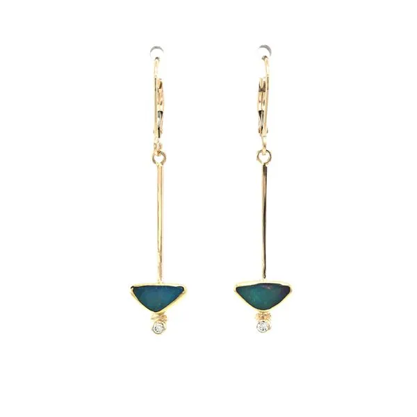 22k/14k yellow gold lever back hanging earrings featuring Ethiopian opals and diamond accents underneath. (DO NOT GET WET) Hudson Valley Goldsmith New Paltz, NY