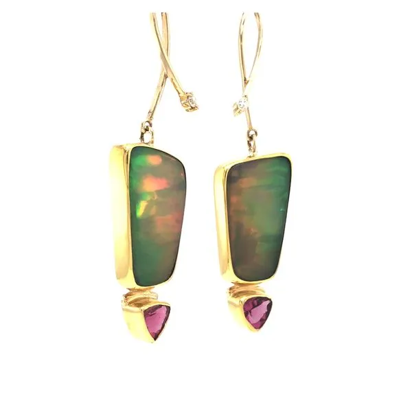 22k/14k yellow gold post earrings featuring large Ethiopian opals, triangular faceted pink tourmaline gemstones and diamond acce Hudson Valley Goldsmith New Paltz, NY