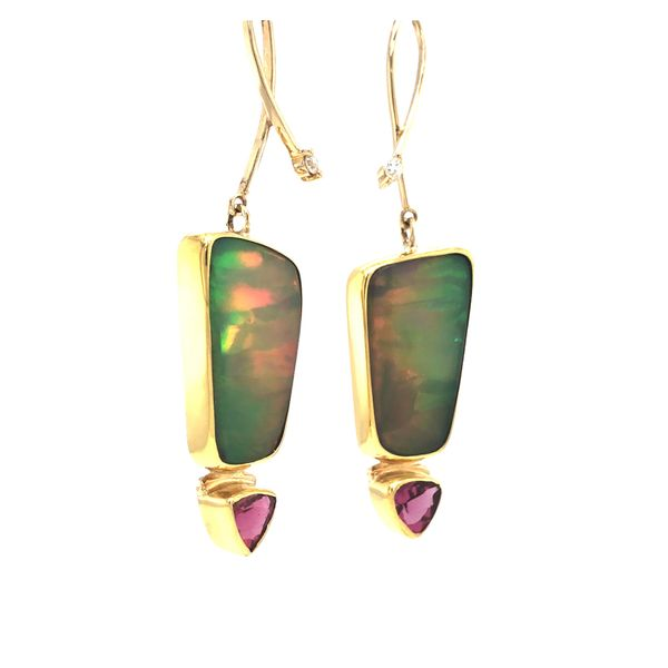 22K/14K Yellow Gold Ethiopian Opal, Pink Tourmaline, and Diamond Earrings Hudson Valley Goldsmith New Paltz, NY