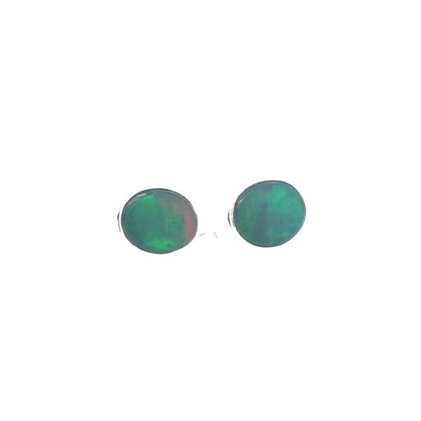 Colored Stone Earrings Sterling silver post earrings featuring bezel set oval Ethiopian Opal gemstones. ( DO NOT GET WET) Hudson Valley Goldsmith New Paltz, NY