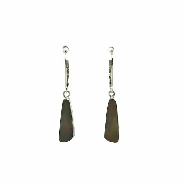 Sterling silver lever back earrings featring bezel set elongated oblong Ethiopian opal gemstones. (DO NOT GET WET) Hudson Valley Goldsmith New Paltz, NY