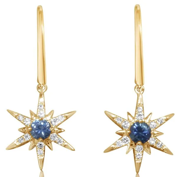 14K Yellow Gold 0.44 Ct Montana Sapphire & 0.14 Ct Diamond Starburst Dangle Earrings Hudson Valley Goldsmith New Paltz, NY