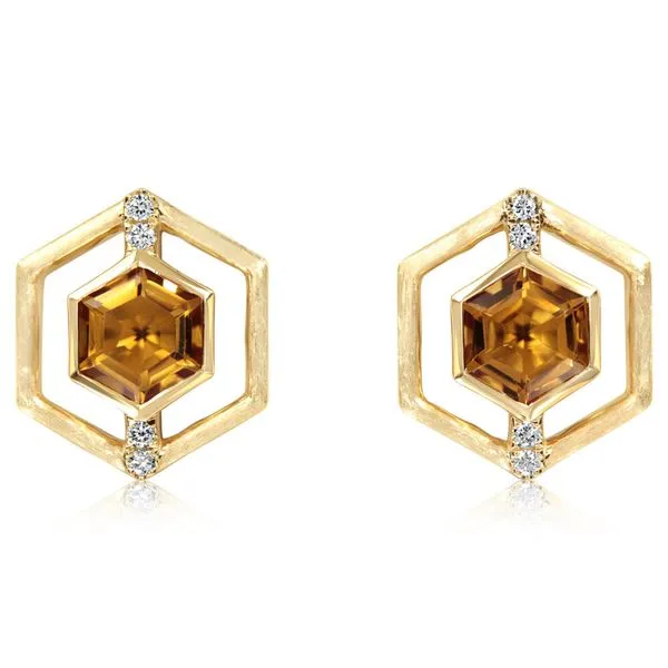 14K Yellow Gold 1.96 Ct Citrine & 0.08 Ct Diamond Hexagon Earrings Hudson Valley Goldsmith New Paltz, NY