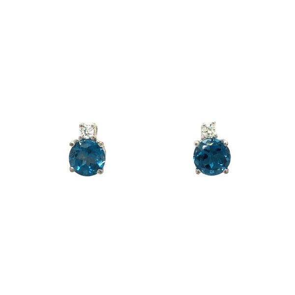 14k white gold stud earrings featuring round blue topaz gemstones and 0.07cttw diamond accents Hudson Valley Goldsmith New Paltz, NY