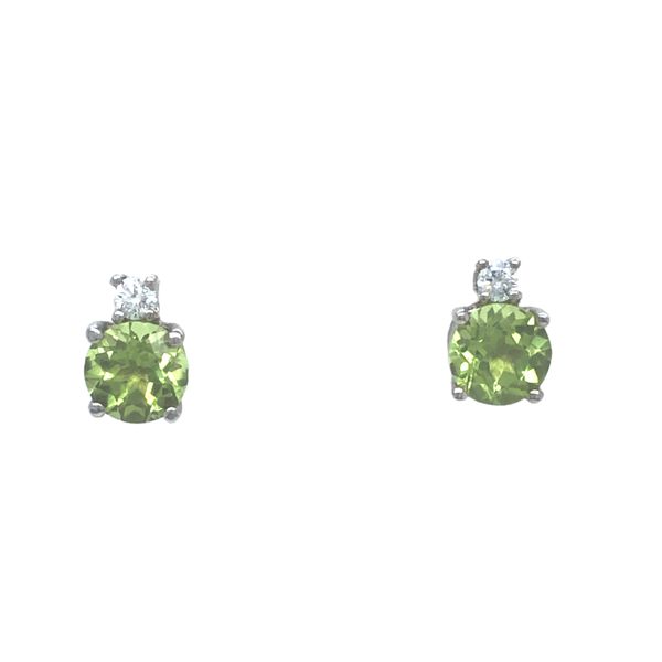 14k yellow gold stud earrings featuring round peridot gemstones and 0.07cttw diamond accents Hudson Valley Goldsmith New Paltz, NY