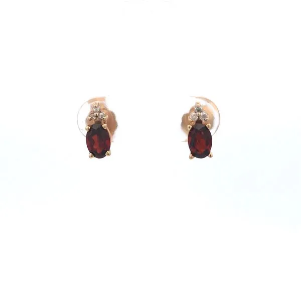 14k yellow gold earrings featuring oval garnet gemstones and diamond accents Hudson Valley Goldsmith New Paltz, NY
