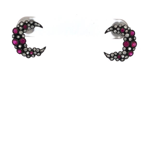 18K White Gold Crescent Moon Earrings with Ruby, Diamond, and Rose Cut Diamonds Hudson Valley Goldsmith New Paltz, NY
