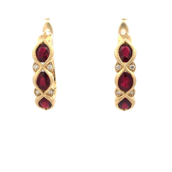 14K Yellow Gold Small Hoop Earrings With Ruby and Diamond Image 2 Hudson Valley Goldsmith New Paltz, NY