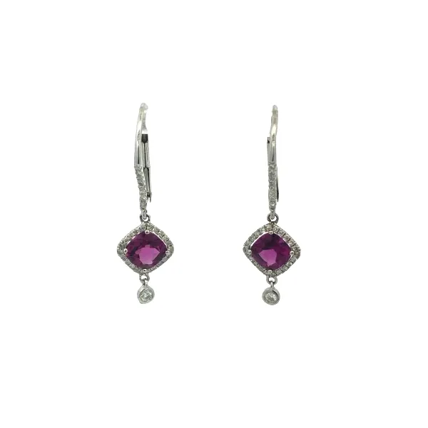 14k white gold drop earrings featuring cushion cut purple garnet gemstones and 0.25cttw diamonds set along front of lever back earrings, halo around the gemstone and a single diamond drop below the garnet Hudson Valley Goldsmith New Paltz, NY