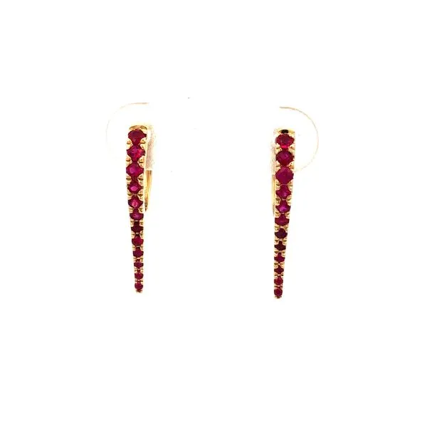 14K Yellow Gold Long Pointed Huggie Earrings with Rubies Hudson Valley Goldsmith New Paltz, NY
