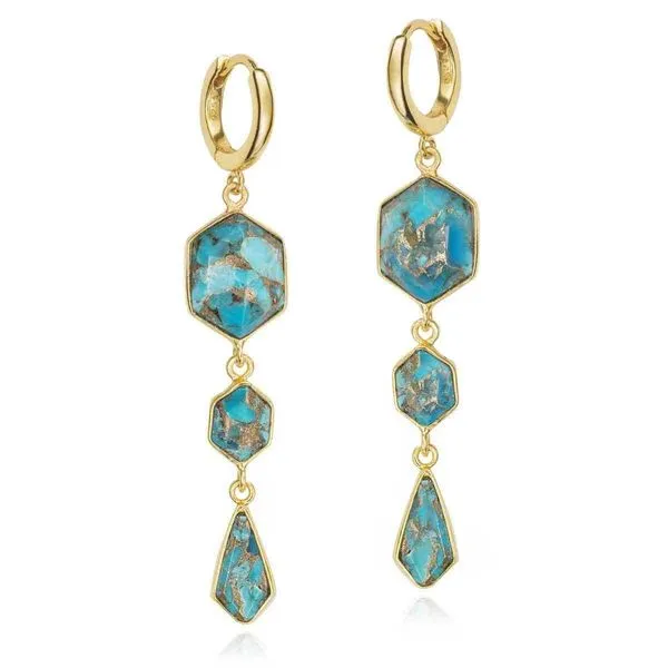 Turquoise Three Drop Earrings in Sterling Silver and 18K Gold Vermeil Hudson Valley Goldsmith New Paltz, NY