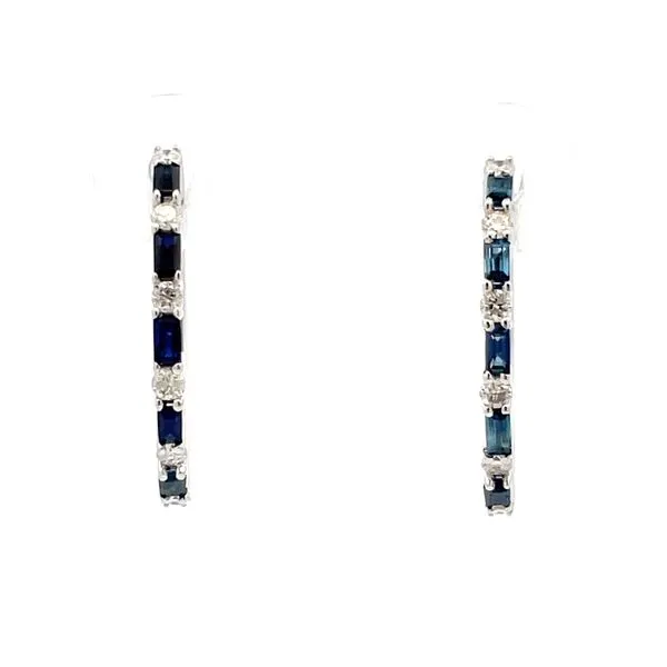 14K White Gold Blue Sapphire & Diamond Hoop Earrings Image 2 Hudson Valley Goldsmith New Paltz, NY