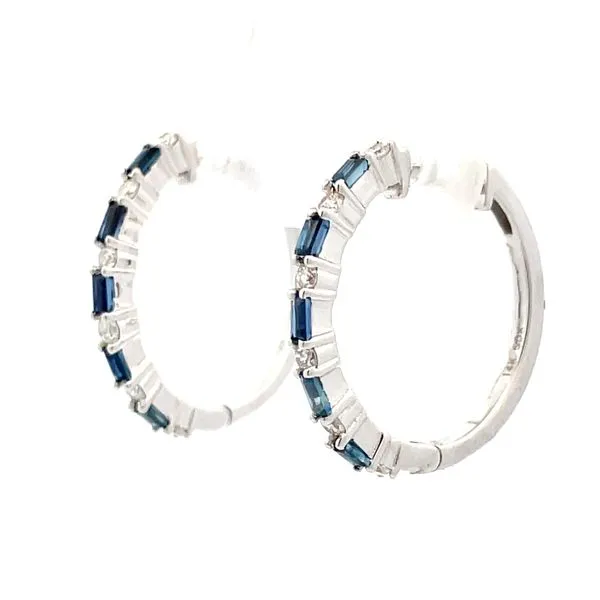 14K White Gold Blue Sapphire & Diamond Hoop Earrings Image 3 Hudson Valley Goldsmith New Paltz, NY