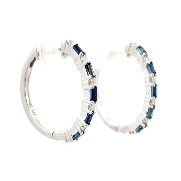 14K White Gold Blue Sapphire & Diamond Hoop Earrings Hudson Valley Goldsmith New Paltz, NY