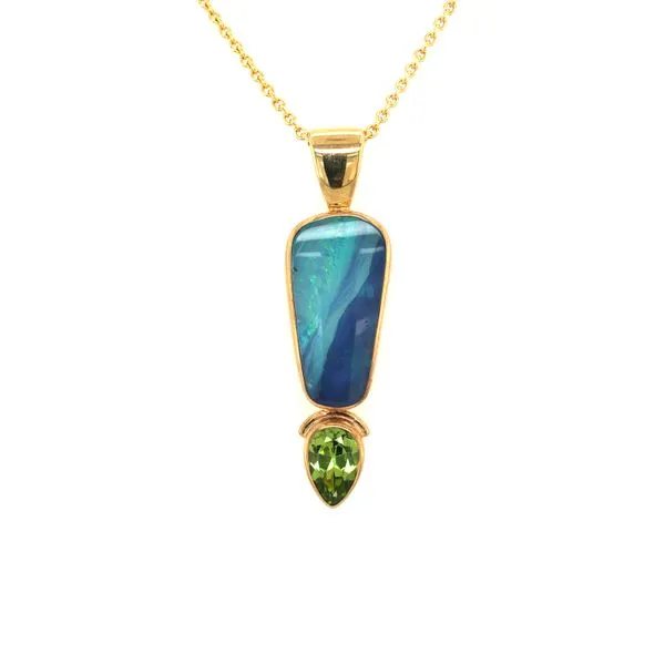14Kt Yellow Gold Australian Boulder Opal with Pear Shaped Peridot Pendant Hudson Valley Goldsmith New Paltz, NY