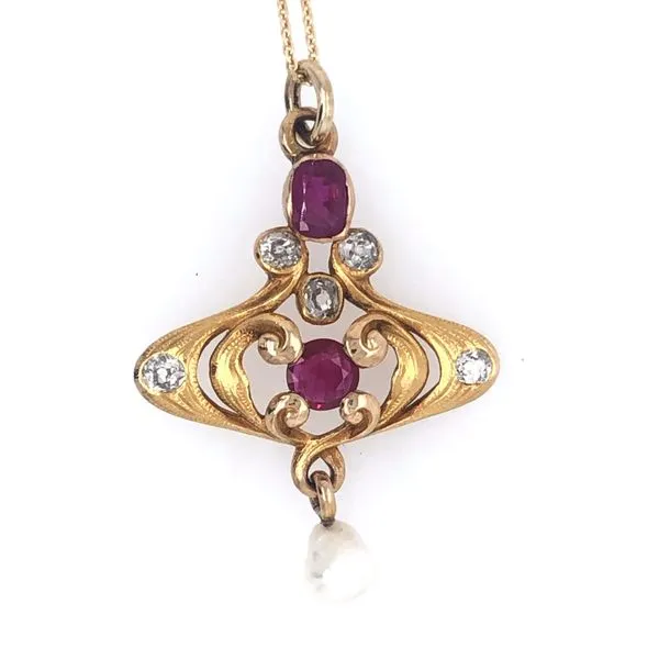 ESTATE 14k yellow gold two ruby & 0.50cttw diamond & pearl pendant includes 20
