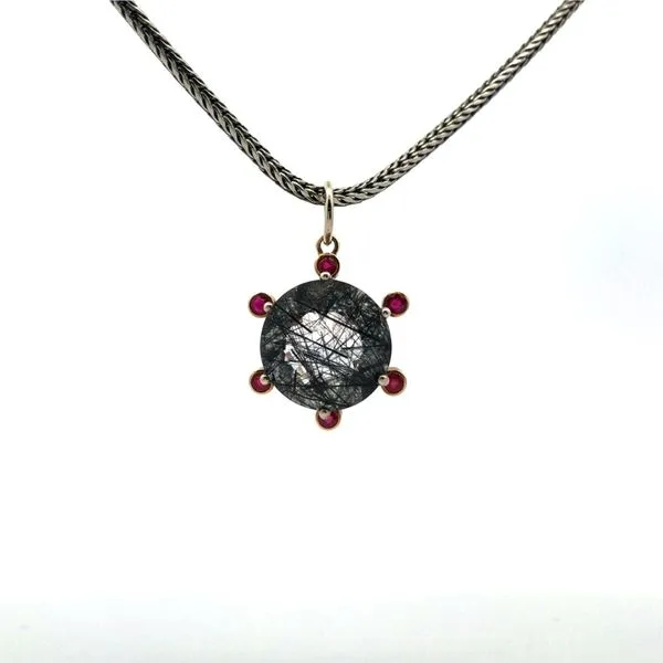 14k Yellow Gold and Sterling Silver Pendant with Rubies and Rutilated Quartz Hudson Valley Goldsmith New Paltz, NY