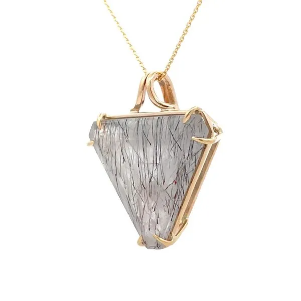 14k yellow gold custom pendant featuring triangular tourmilated quartz center gemstone and accenting three round ruby gemstones. Set below and hanging from the bottom of the pendant is a round faceted Ethiopian opal, and a 0.69ct pear shape faceted blue T Image 3 Hudson Valley Goldsmith New Paltz, NY