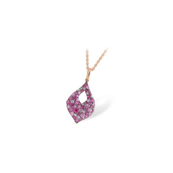 14K Rose Gold Petal Pendan featuringt 1.68ctw Pink Sapphires & 0.09ctw diamonds set along from of pendant. Includes 18' rope sty Hudson Valley Goldsmith New Paltz, NY