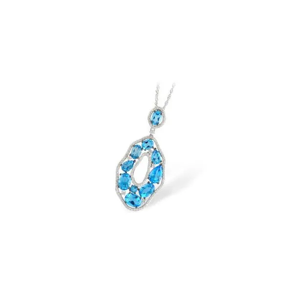 14K White Gold Pendant featuring 6.13ctw Blue Topaz gemstones & 0.55ctw Diamonds set along a free form design. Includes 18