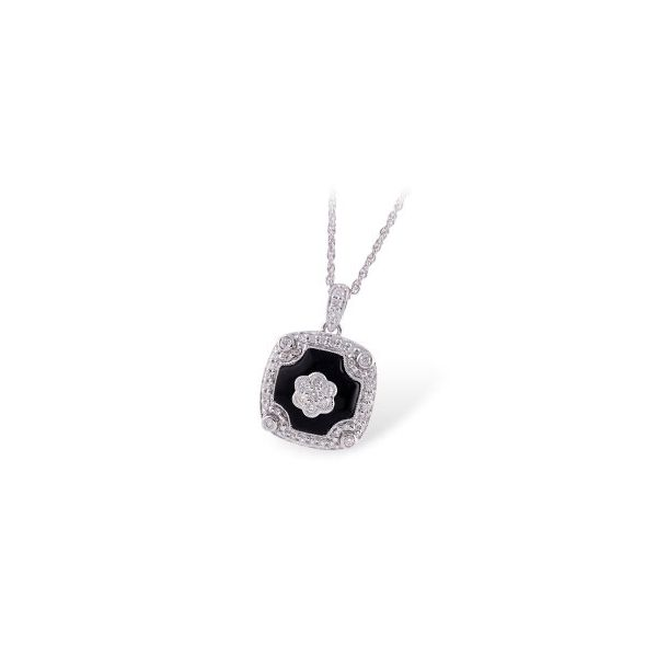 14K White Gold vintage inspired necklace featuring Onyx & 0.32cttw Diamonds. Includes 14k white gold 18