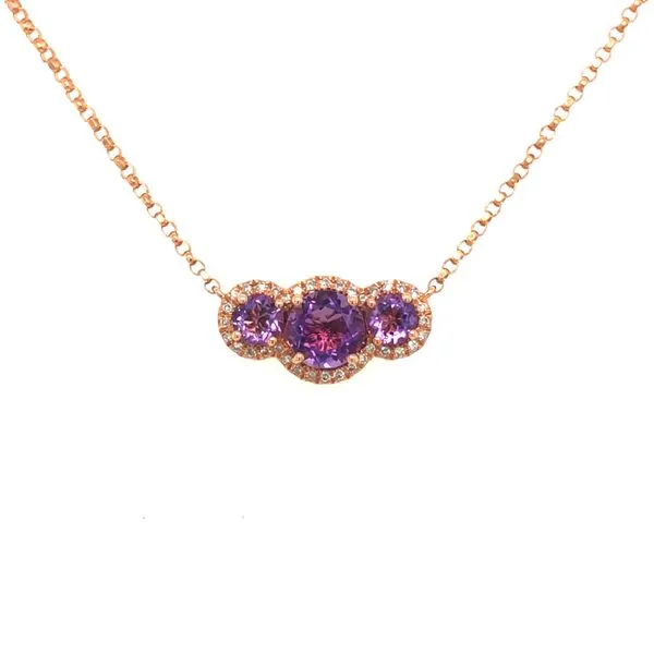14k rose gold necklace featuring three amethyst gemstones & accented with 0.09 cttw diamonds in an outer halo design. The neckla Hudson Valley Goldsmith New Paltz, NY