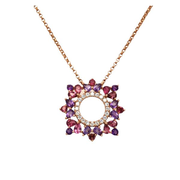 14k rose gold necklace featuring pink tourmaline and amethyst gemstones scattered around the outer edge of the pendant accented  Hudson Valley Goldsmith New Paltz, NY