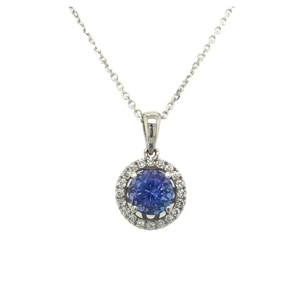 Tanzanite Pendant Featuring A 1.05 Carat Round Tanzanite And A Halo Of Diamonds Totaling 0.25 Cts, All Set In 14 Karat White Gol Hudson Valley Goldsmith New Paltz, NY