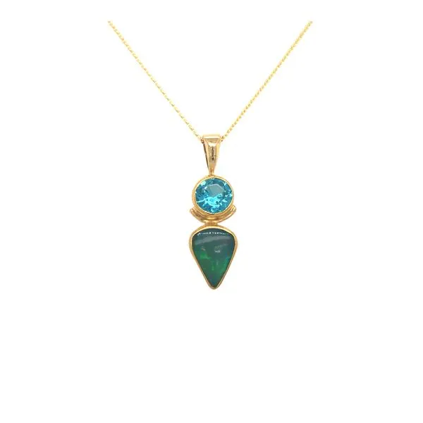 22k/14k Yellow Gold Pendant with Ethiopian Opal and Blue Topaz Hudson Valley Goldsmith New Paltz, NY