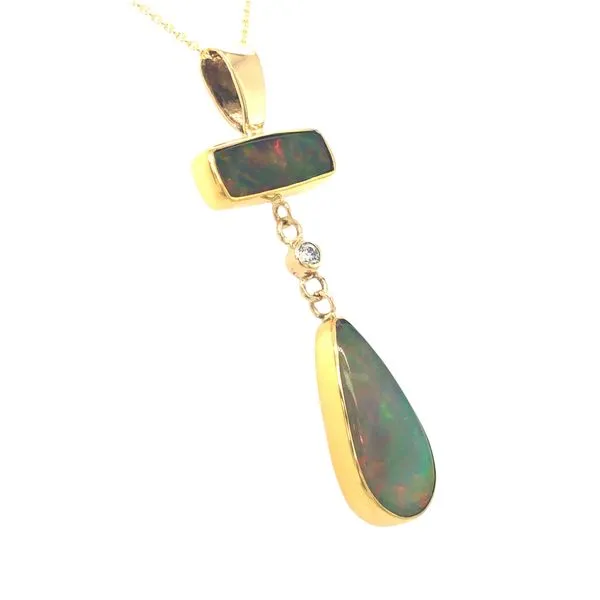 22k/14k yellow gold pendant featuring two Ethiopian Opal gemstones hanging with a bezel set diamond in between, includes 16-18