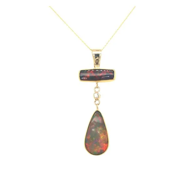 22k/14k yellow gold pendant featuring two Ethiopian Opal gemstones hanging with a bezel set diamond in between, includes 16-18