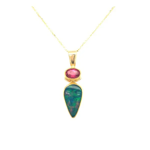 22k/14k pendant featuring tar drop shae Etheopian Opal gemstone with oval faceted pink tourmaline gemstone, includes 16-18