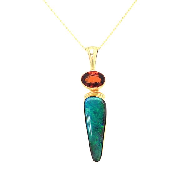 22K/14K Yellow Gold Pendant with Australian Boulder Opal and Sapphire Image 2 Hudson Valley Goldsmith New Paltz, NY