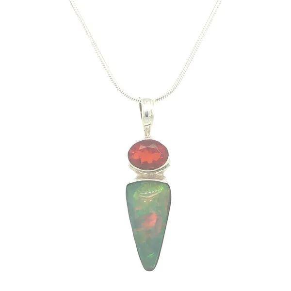 Sterling silver necklace featuring elongated Ethiopian opal gemstone with an orange citrine bezel set above. Includes Silver sna Hudson Valley Goldsmith New Paltz, NY