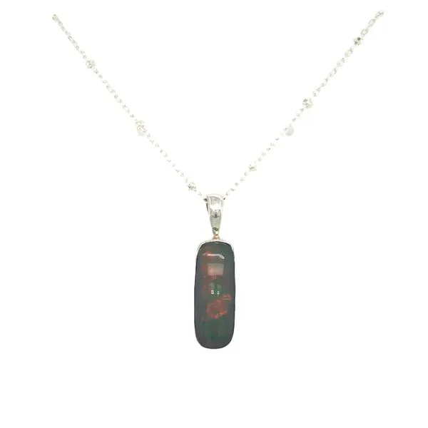 Colored Stone Pendant Sterling Silver necklace featuring bezel set elongated Ethiopian opal gemstone, includes silver diamond cu Hudson Valley Goldsmith New Paltz, NY