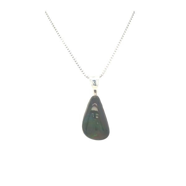 Sterling silver necklace featuring tear drop/ oblong darker Ethiopian opal gemstone bezel set, includes silver box chain. (DO NO Hudson Valley Goldsmith New Paltz, NY