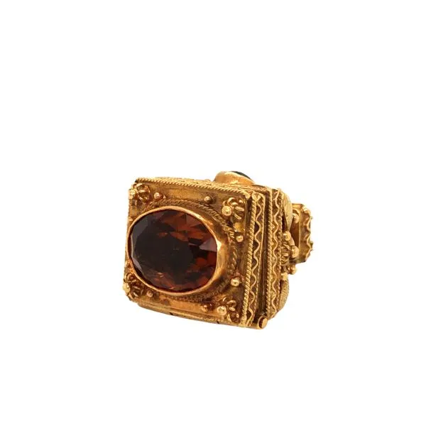 18 Karat Yellow Gold Wax Seal Fob Style Pendant With Secret Compartment. Features Gold Granulatioin, Filigree And Bezel Set Garn Image 2 Hudson Valley Goldsmith New Paltz, NY