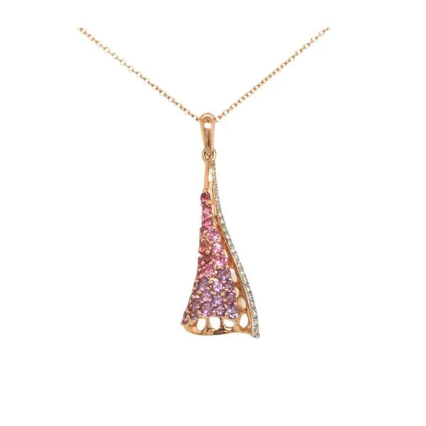 14K Rose Gold Gemstone Sail Necklace with Amethyst, Pink Tourmaline, and Diamonds Hudson Valley Goldsmith New Paltz, NY