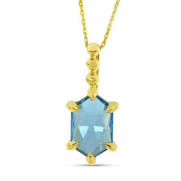 14K Yellow Gold Hexagon Blue Topaz Beaded Pendant on 18