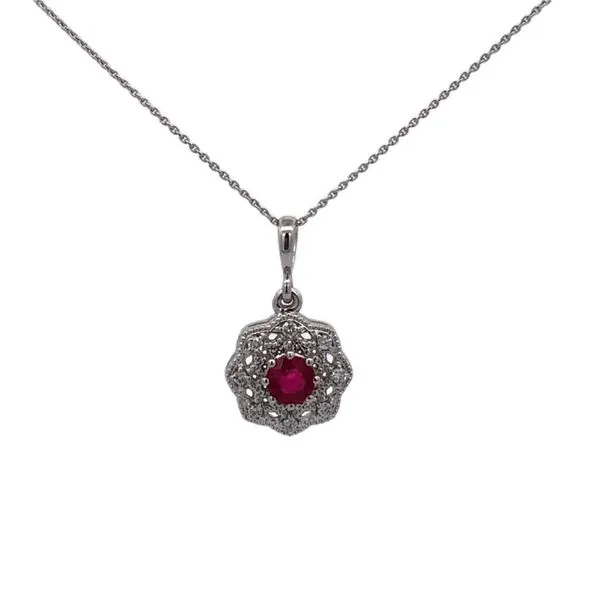 14K White Gold Pendant with 3.8mm Ruby Center And 0.08ctw Diamonds Hudson Valley Goldsmith New Paltz, NY