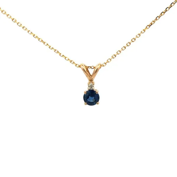 14k yellow gold necklace featuring round blue sapphire gemstone and 0.02cttw diamond accent, includes 18