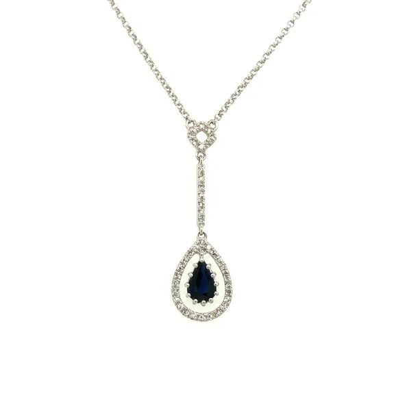 14k white gold necklace featuring a 0.50ct pear shape blue sapphire (B) as well as 0.11cttw round diamonds set in a halo design  Hudson Valley Goldsmith New Paltz, NY
