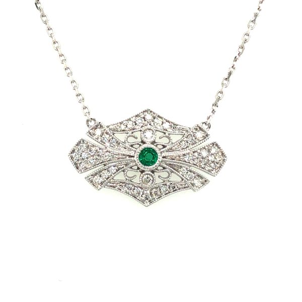 Elongated art deco inspired emerald & diamond necklace 14K white gold 1.74dwt Hudson Valley Goldsmith New Paltz, NY