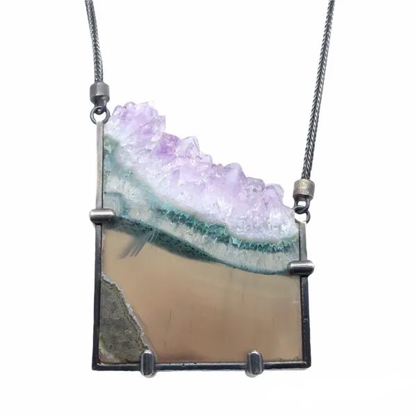 Sterling Silver Amethyst Geode Slab In Sterling Silver With Wheat Chain (Extra Large Size) Hudson Valley Goldsmith New Paltz, NY